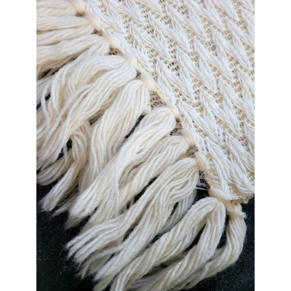 Vintage 60s 70s Glentex Wool Scarf Large Knit Fringe White Ivory Unique Chevron‎